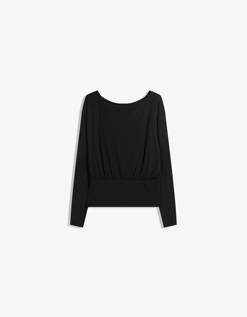 Gestreept T-shirt met lange mouw en heupband-Zwart