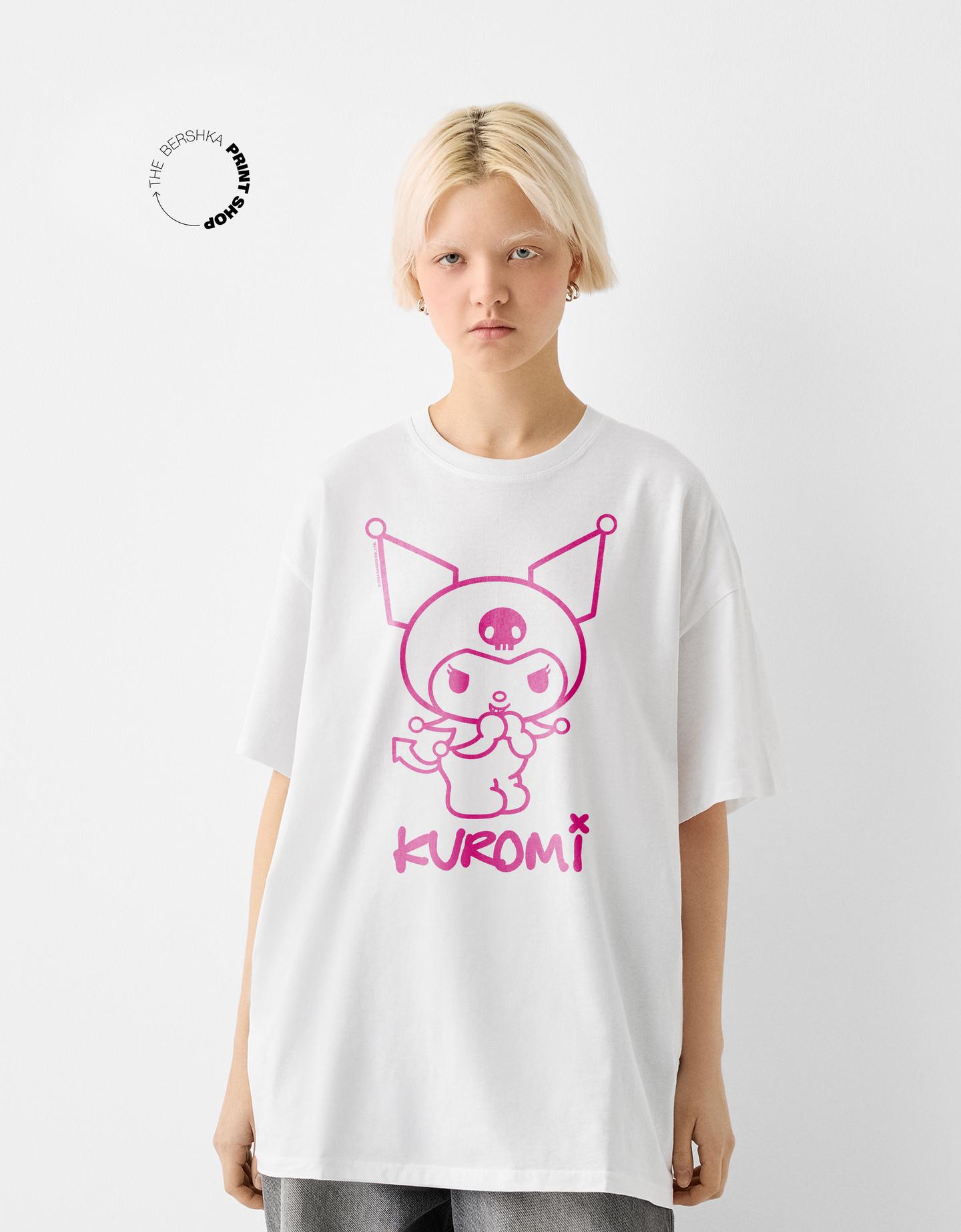 Bershka Camiseta Kuromi Manga Corta Boxy Mujer Xs Blanco Roto