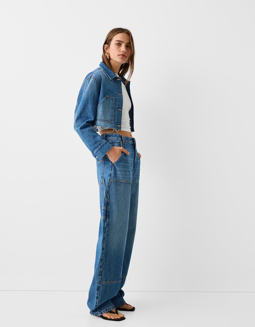Cropped denim workwear jacket-Light blue