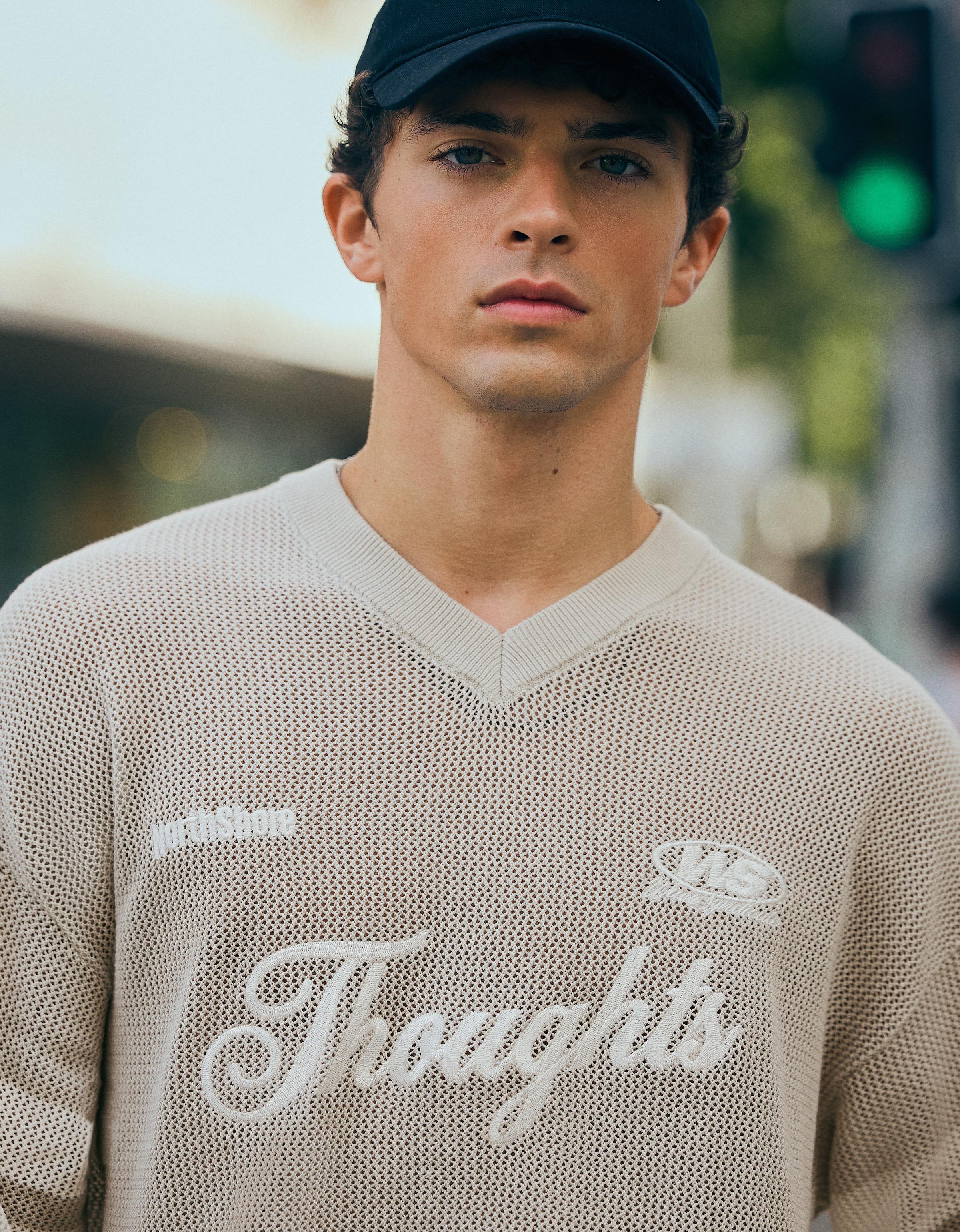 Embroidered mesh V-neck T-shirt — Grey