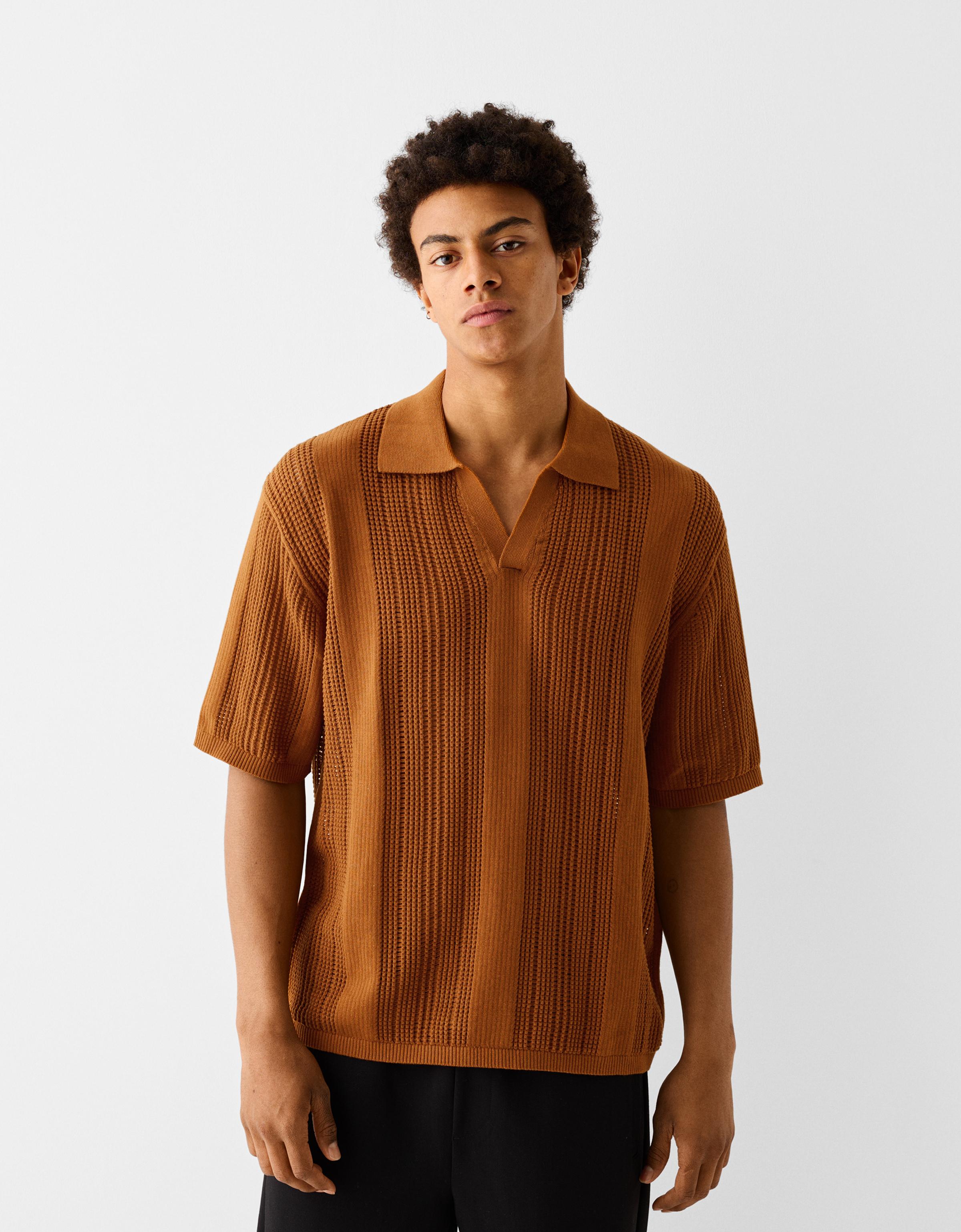 Textured openwork short sleeve polo shirt Men Bershka