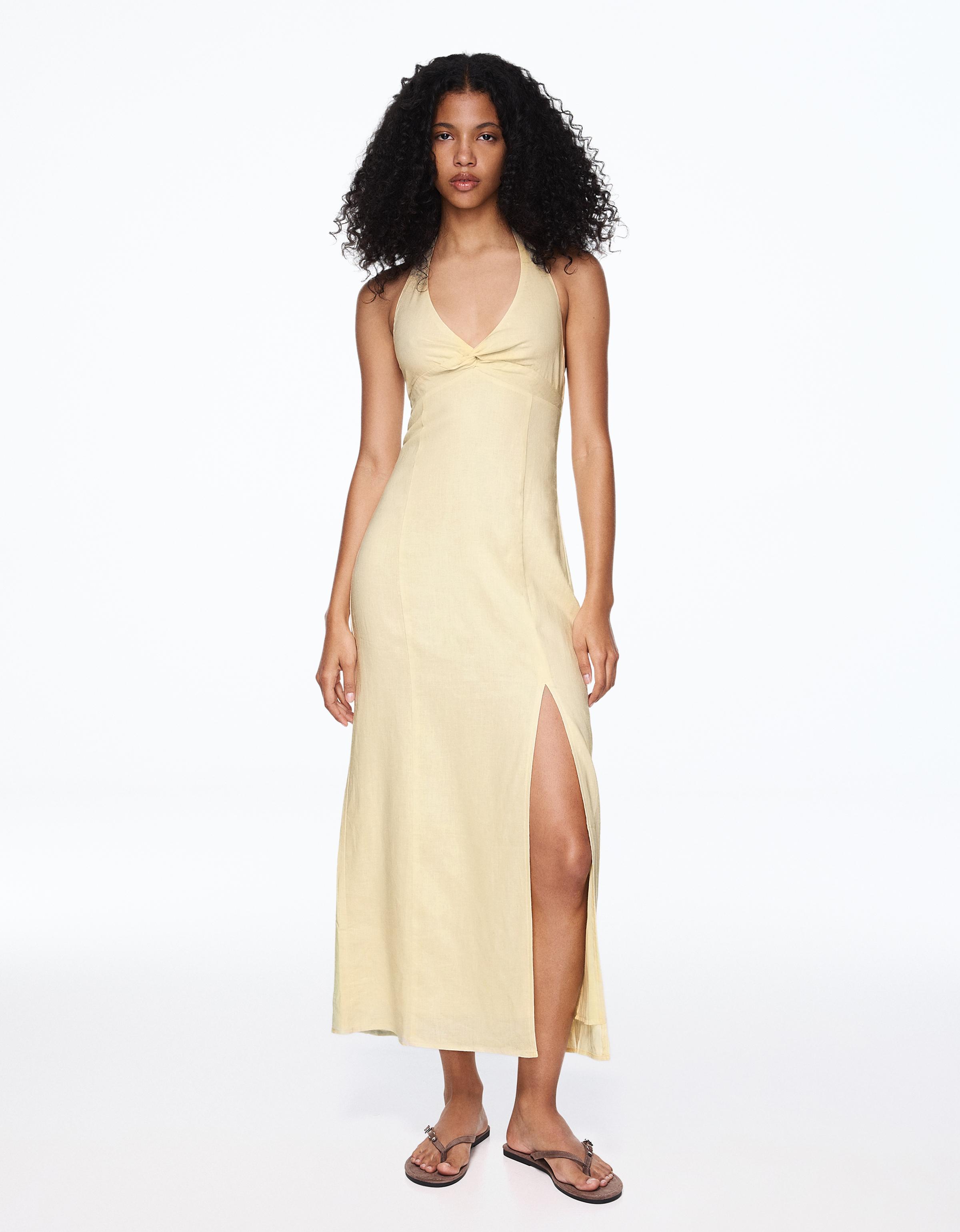 Halter midi dress with linen — Yellow