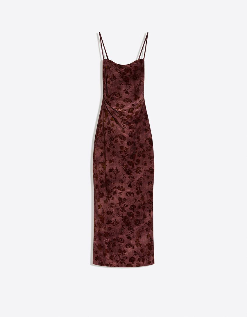 Robe midi à bretelles en tulle imprimé velours-Bordeaux