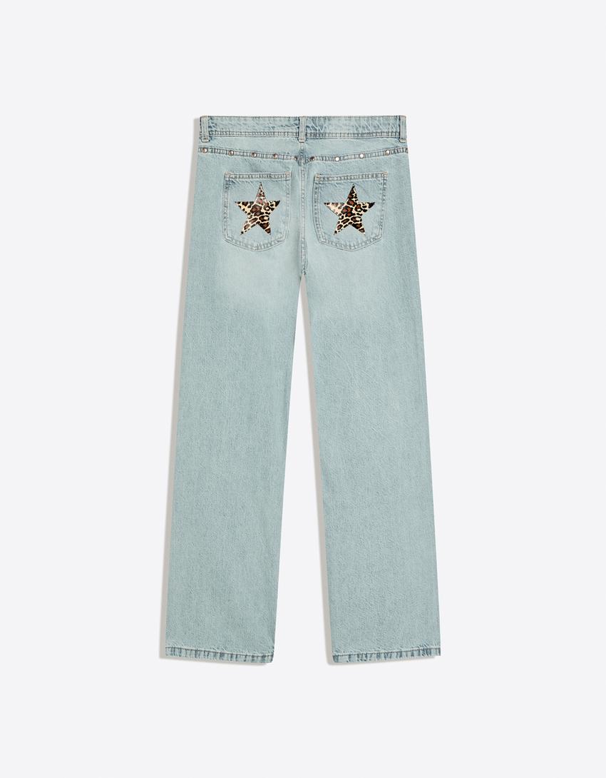 Star stud low-rise baggy jeans-Light blue