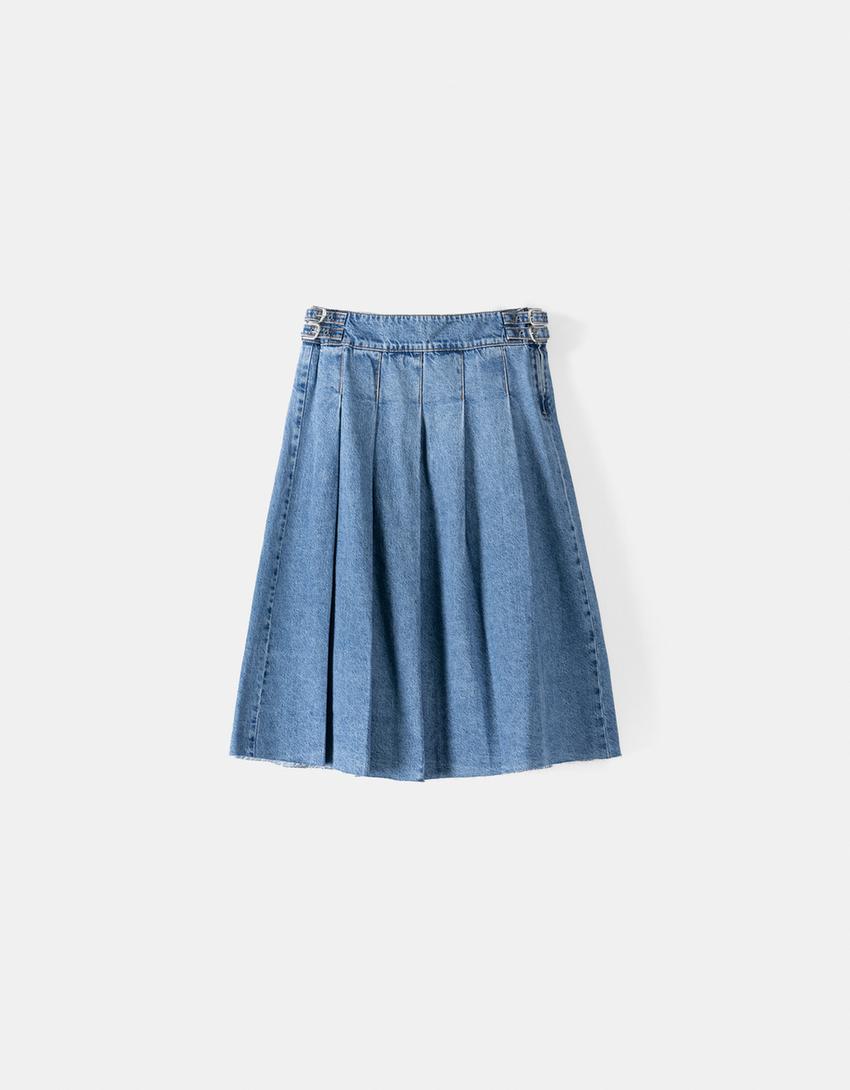 Jupe-culotte denim midi plissée-Bleu lavé-4