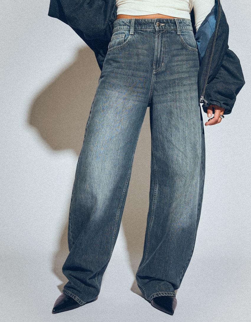Wide-leg barrel jeans-Blue