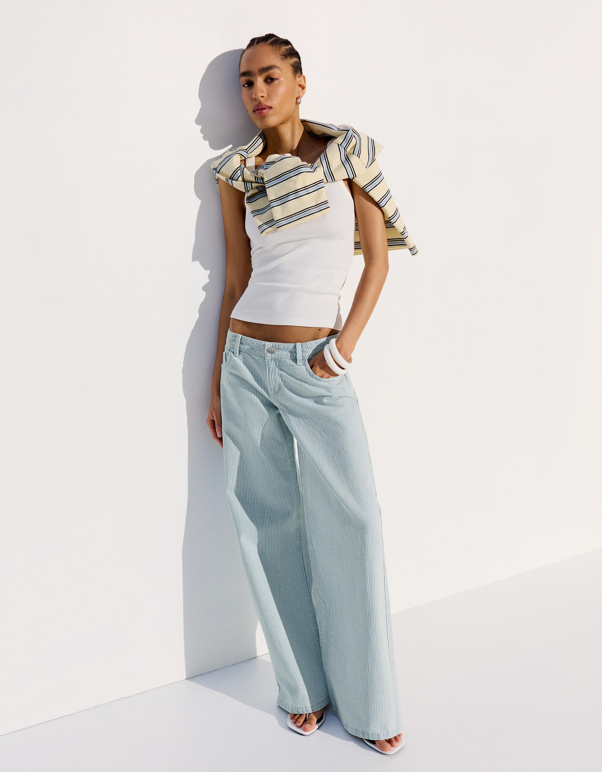 Pantalón Recto Rayas Mujer 42 Azul Lavado