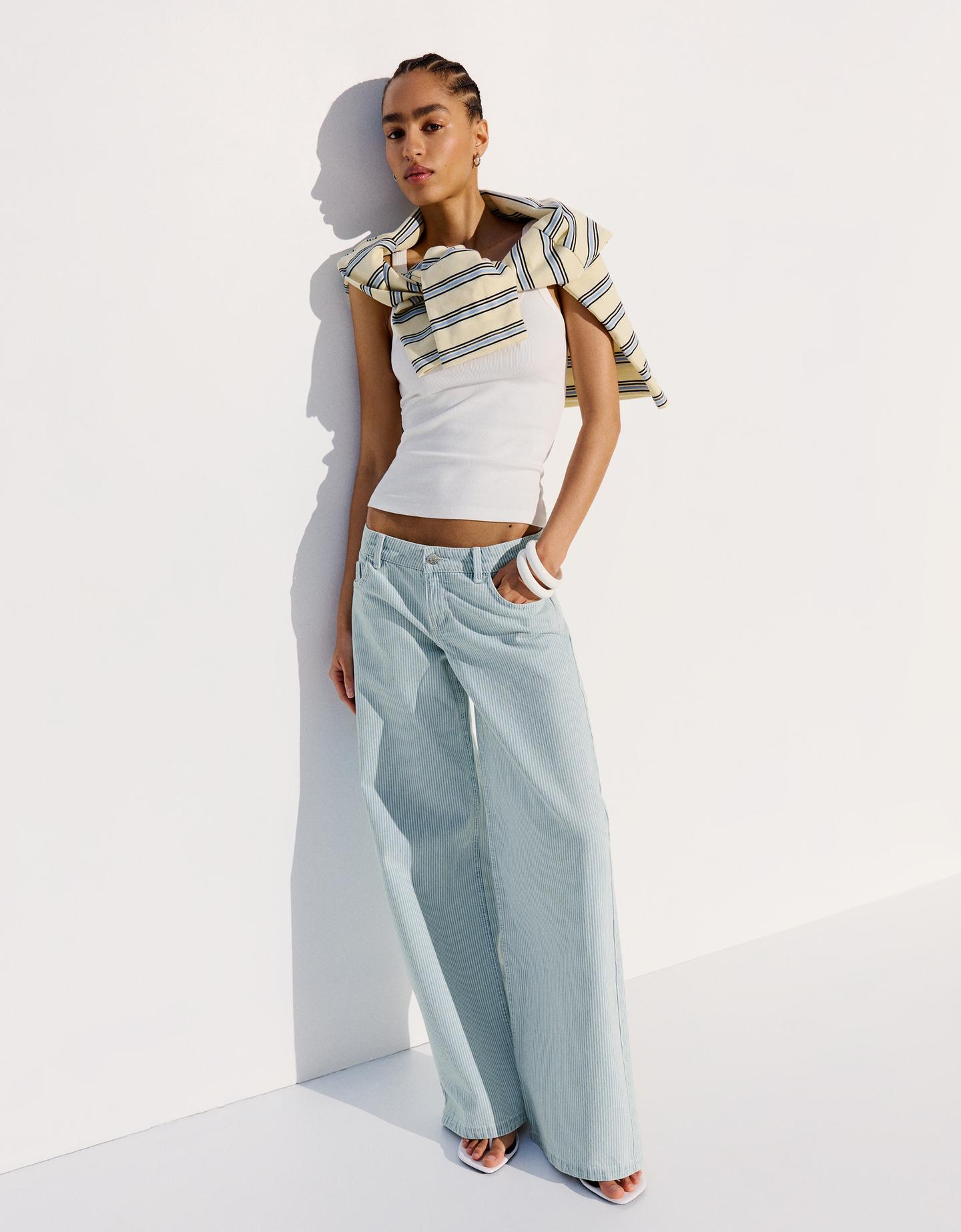 Bershka Pantaloni Dritti A Righe Donna 44 (Eur 40) Azzurro Lavato