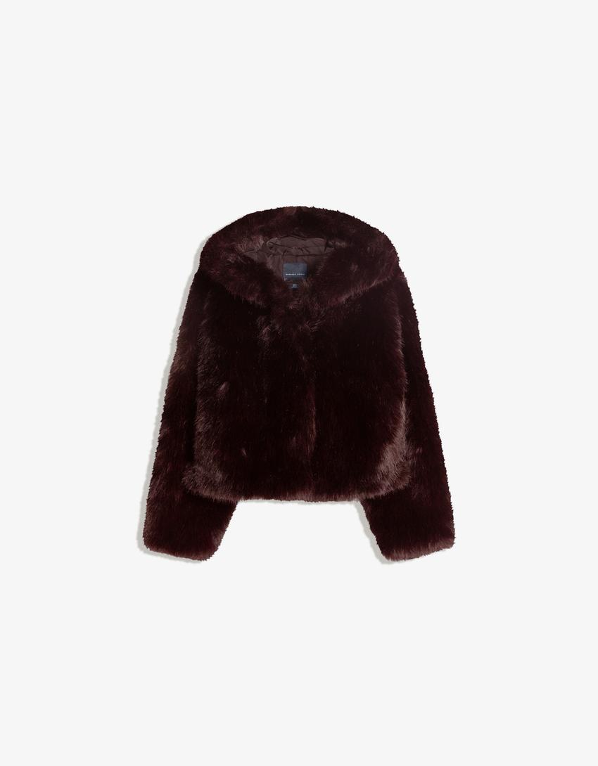 Faux fur hooded jacket-Maroon