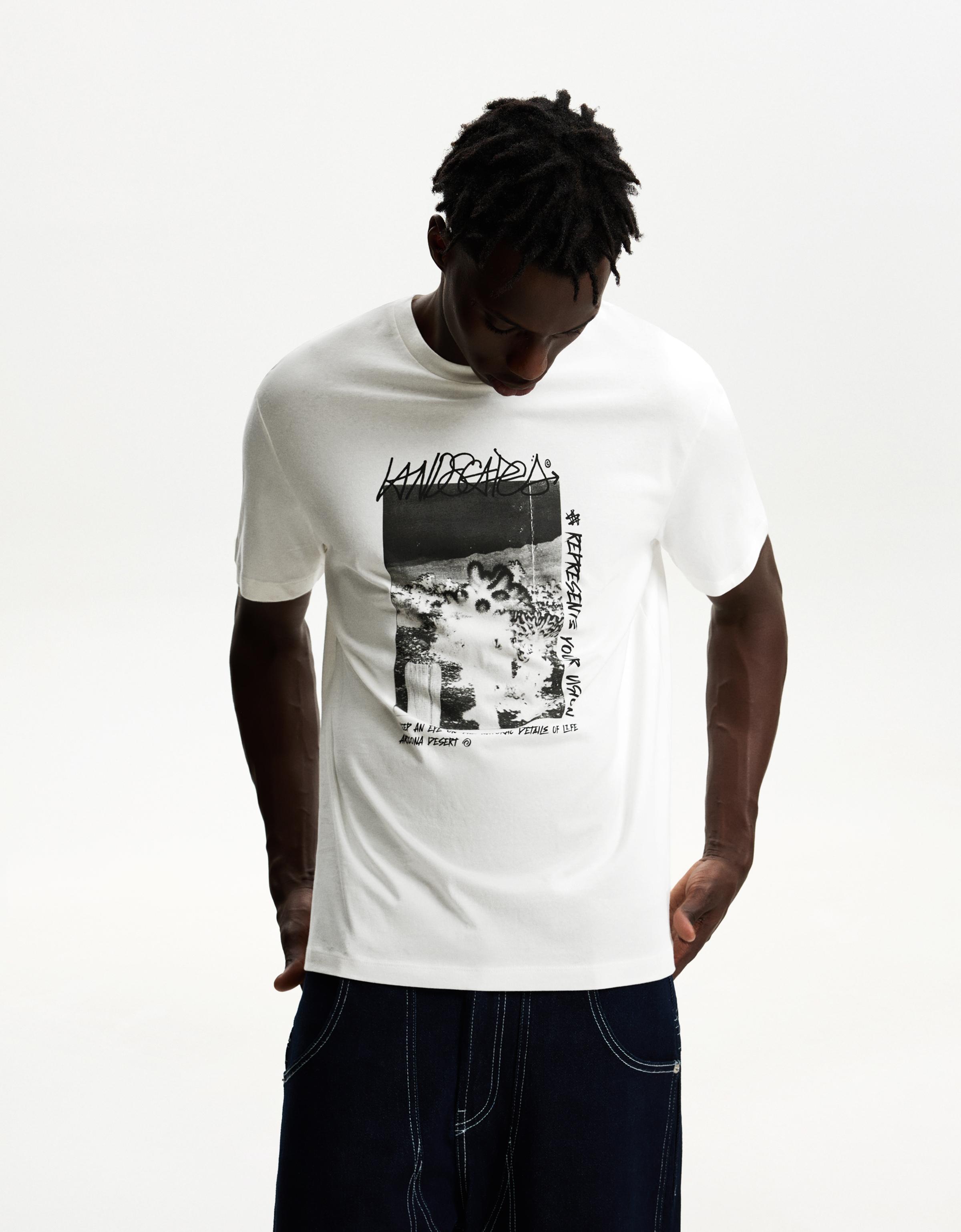 Bershka T-Shirt Mit Print Herren L Weiss