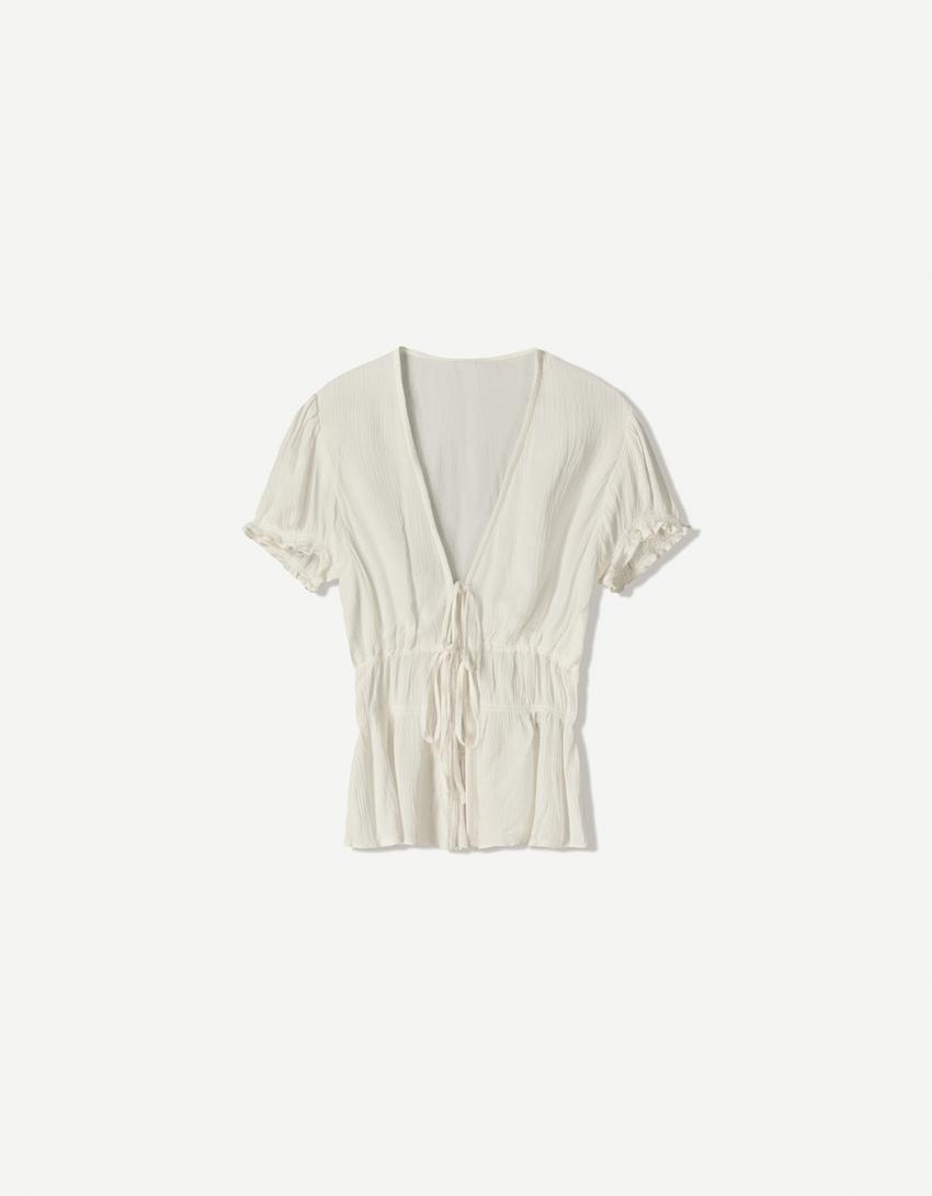 Chemise manches courtes froncée nœud-Écru-4