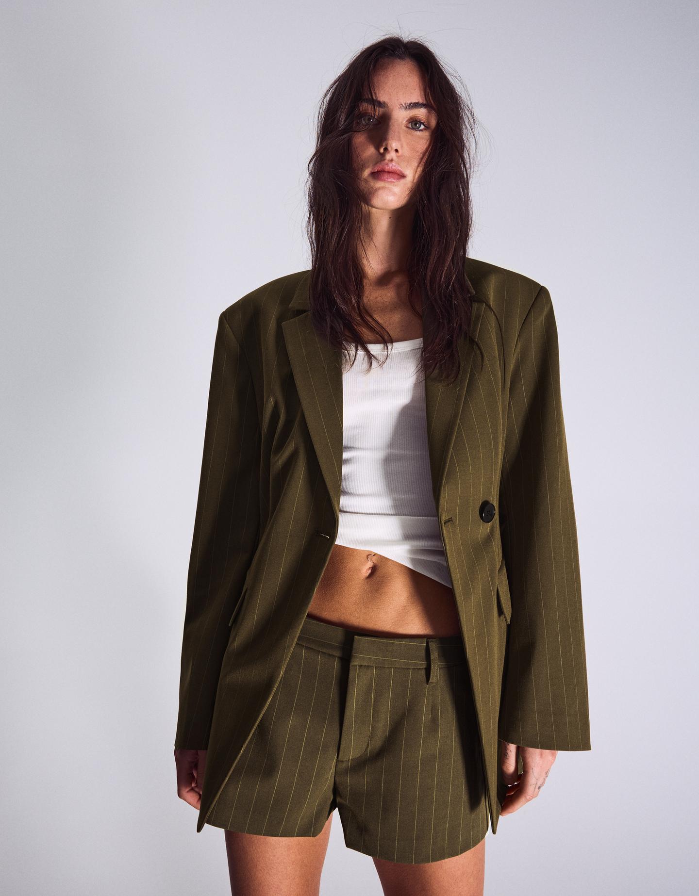 Bershka marynarka dwurzędowa w paski khaki