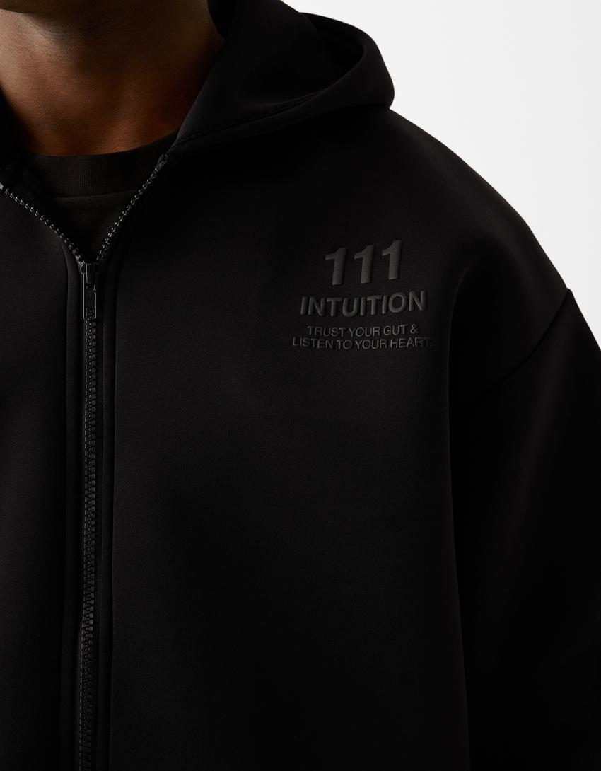 Zip-up slogan hoodie-Black