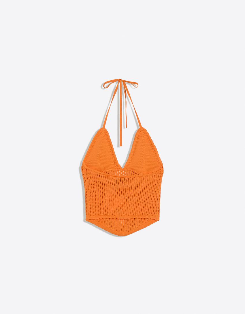 Open knit halter top-Orange