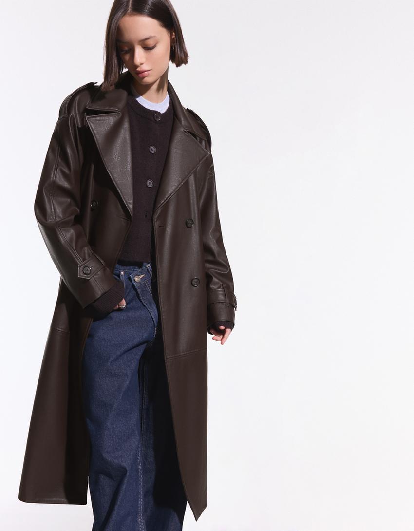 Faux leather trench coat-Brown