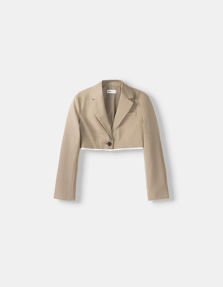 Blazer cropped détail popeline-Taupe-5