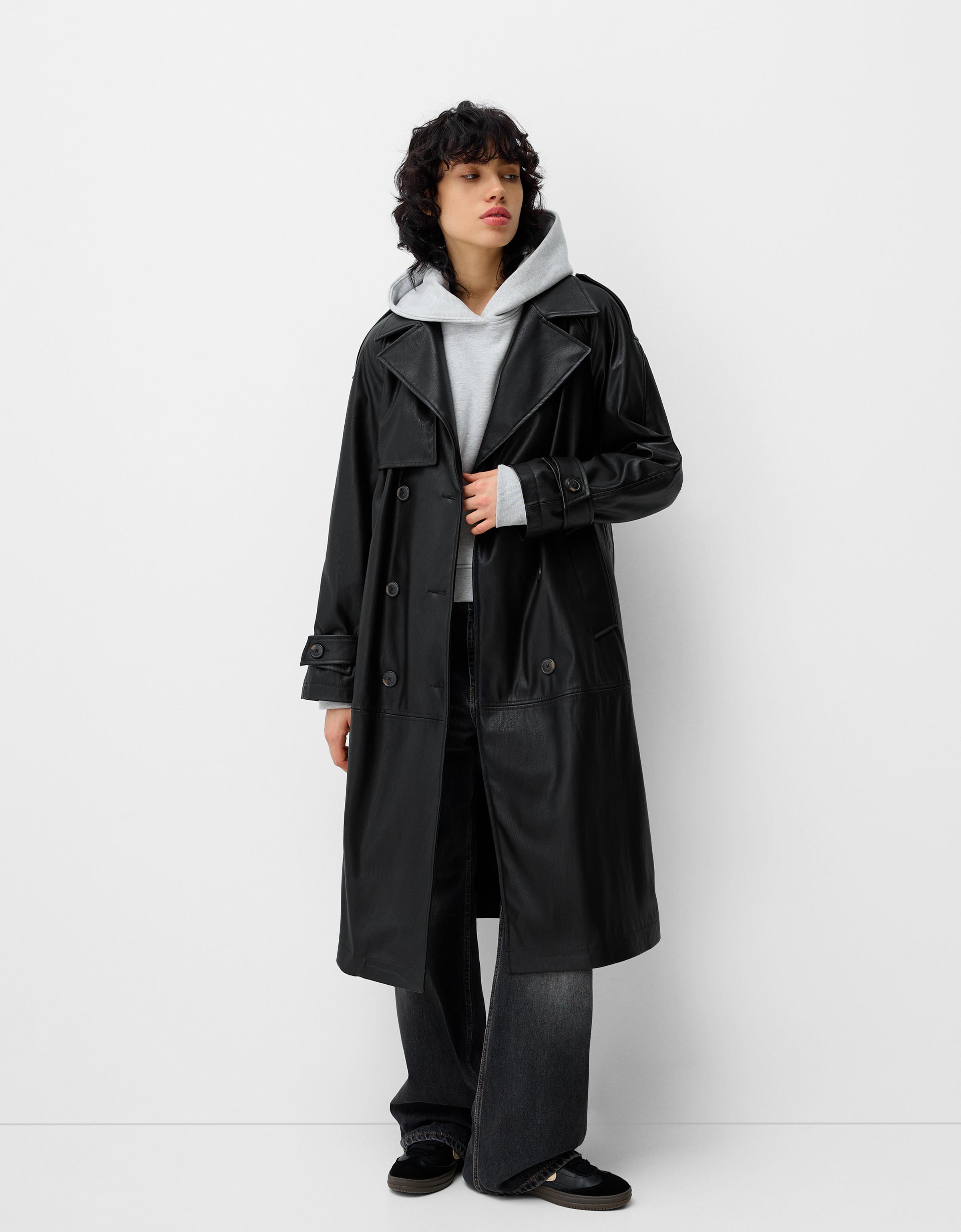 Leather trench coat with hood on sale