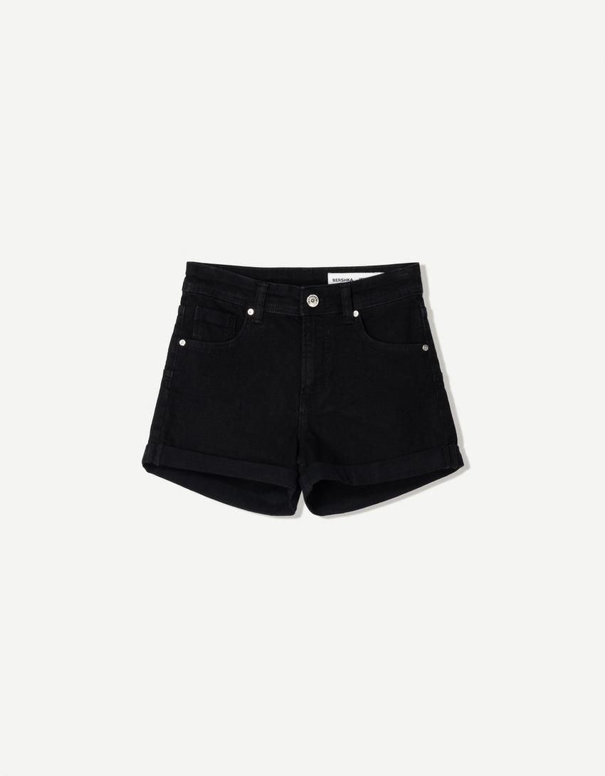 Roll-up denim shorts-Black