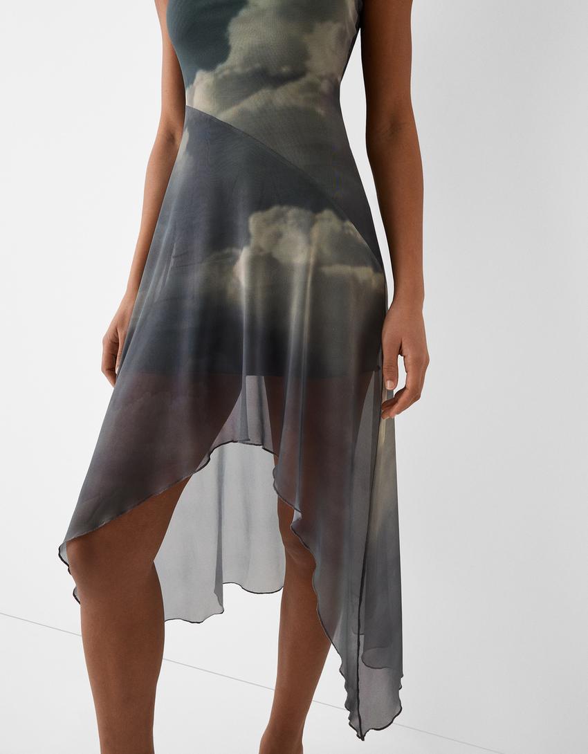 Vestido midi bandeau de tule assimétrico-Cinzento-escuro-3