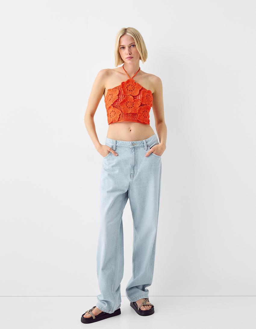 توب كروشيه بطبعة زهور-برتقالي-3