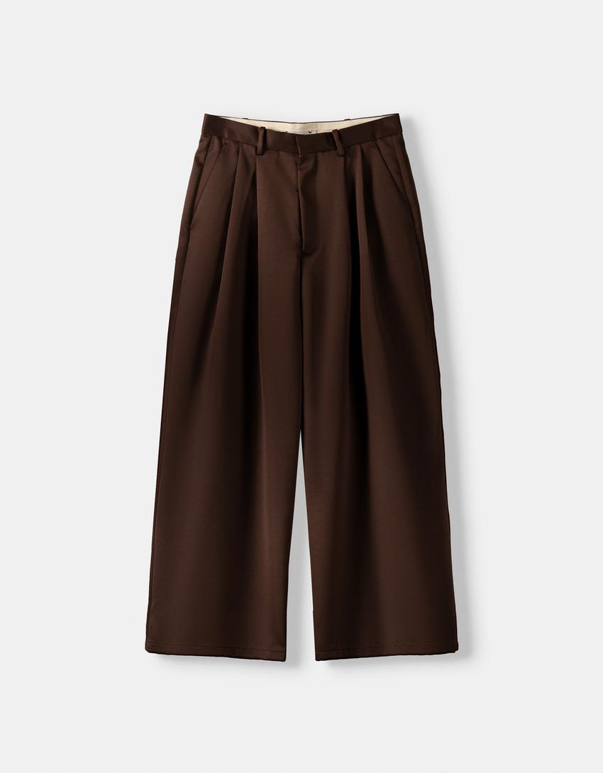Pantalon tailoring satiné pinces-Marron-4