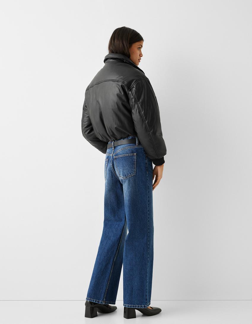 Cropped faux-leather puffer jacket with lapel collar-Black