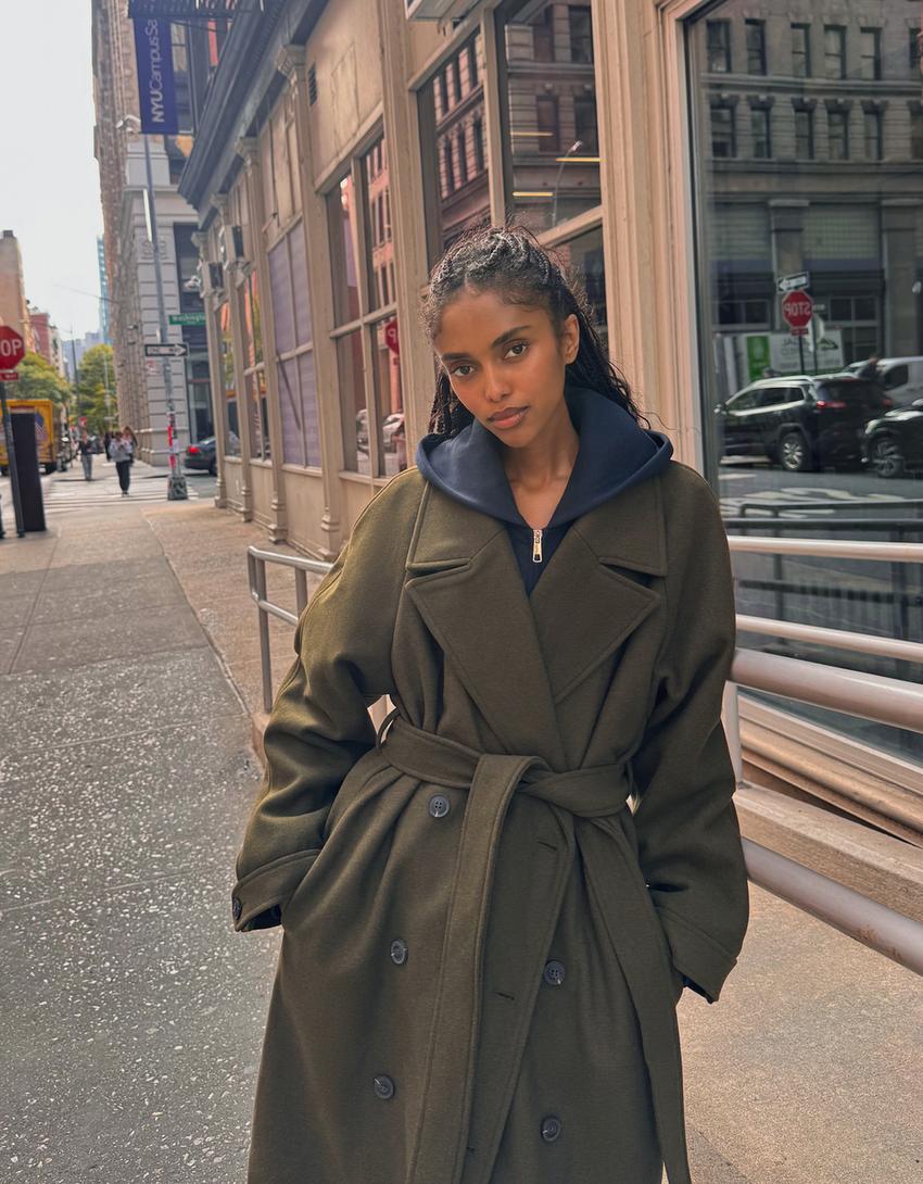 Manteau en laine oversize avec ceinture-Kaki