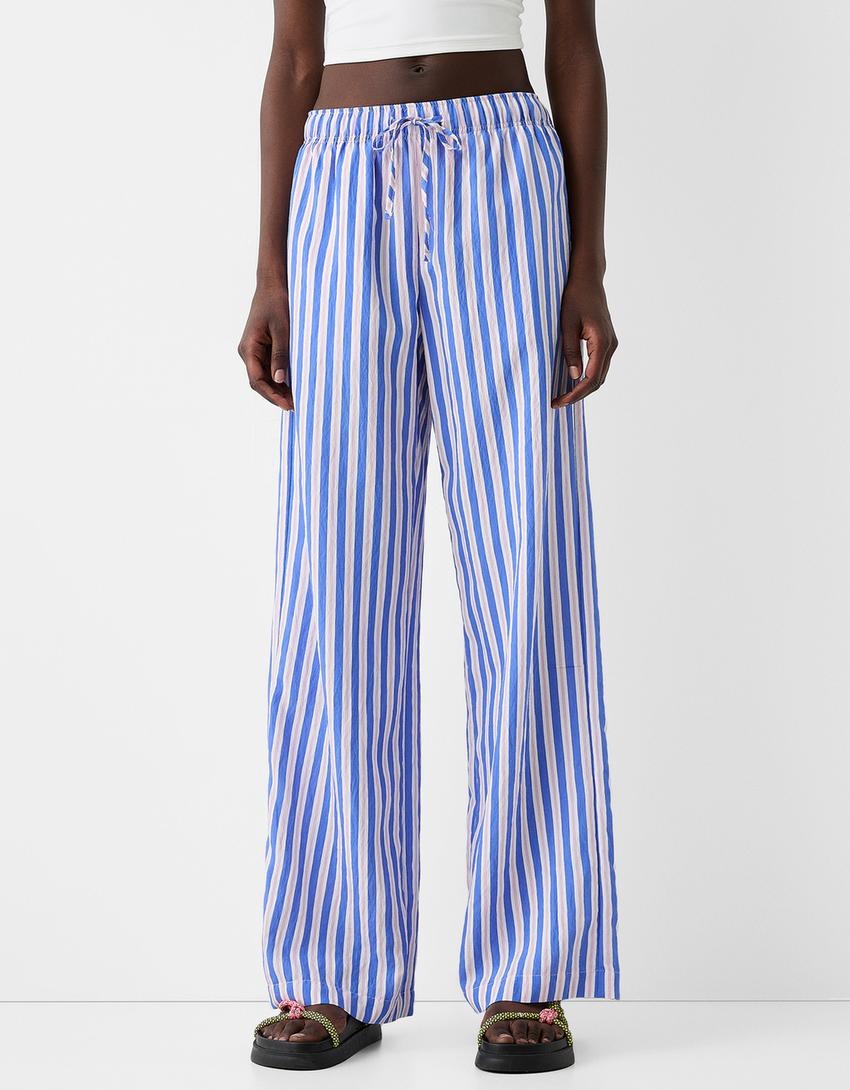 Flowing striped trousers with elastic waistband-Blue-1