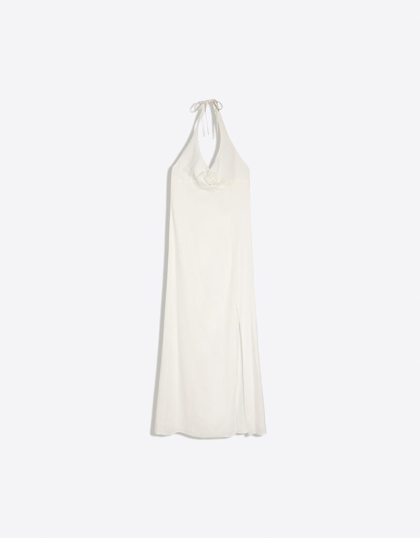 Halter midi dress with linen-White