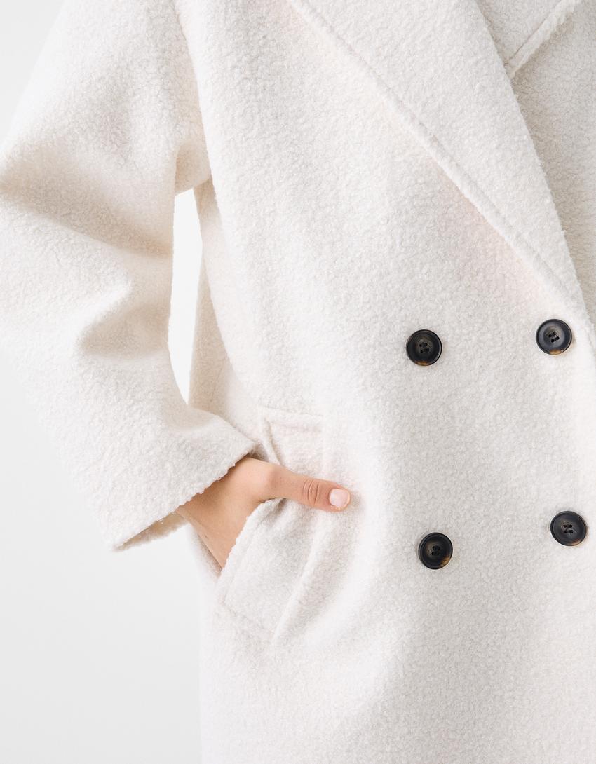 Manteau long cache-cœur bouclette double boutonnage-Écru-5