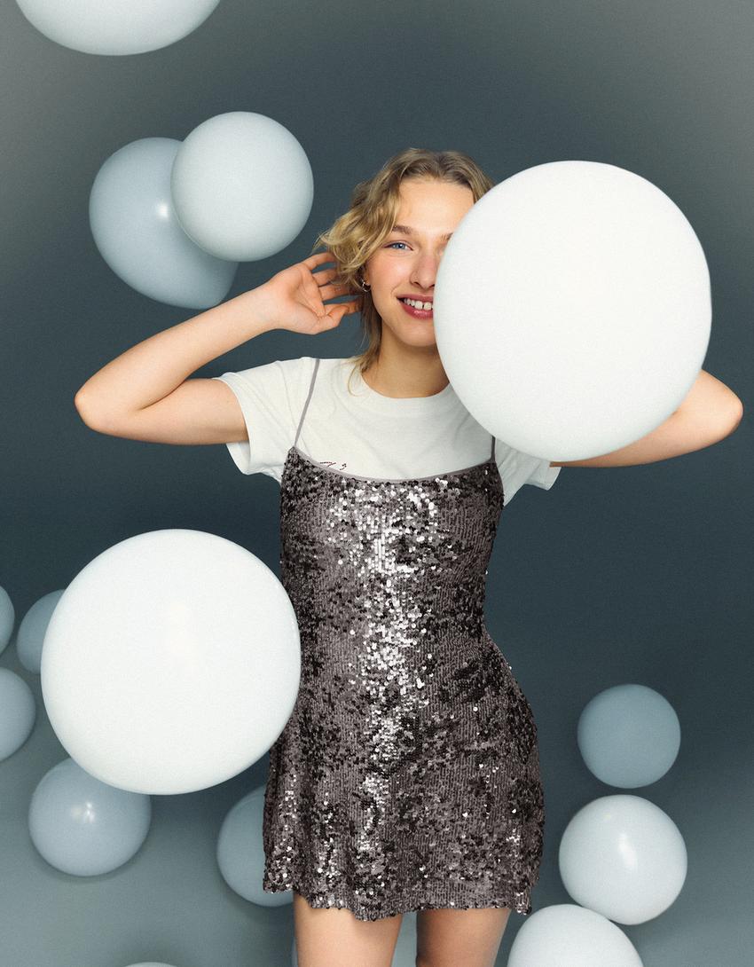 Pullu askılı elbise-Koyu gri