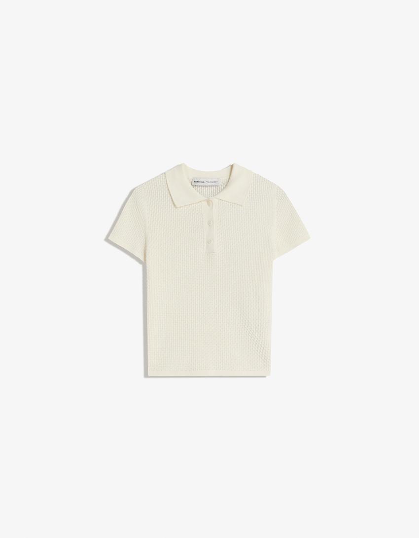 Strukturvævet sweater med polokrave og korte ærmer-Hvid-3