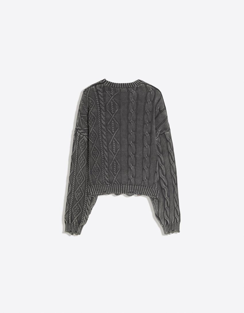 Zopfstrickpullover in Washed-Optik-Dunkelgrau