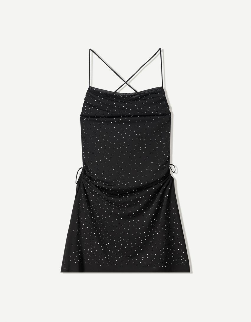 Vestido mini tirantes strass-Negro-4