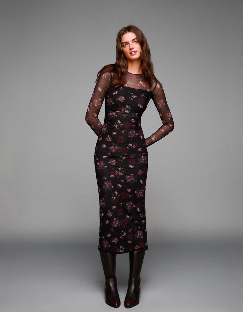 Vestido midi manga larga tul-Burdeos
