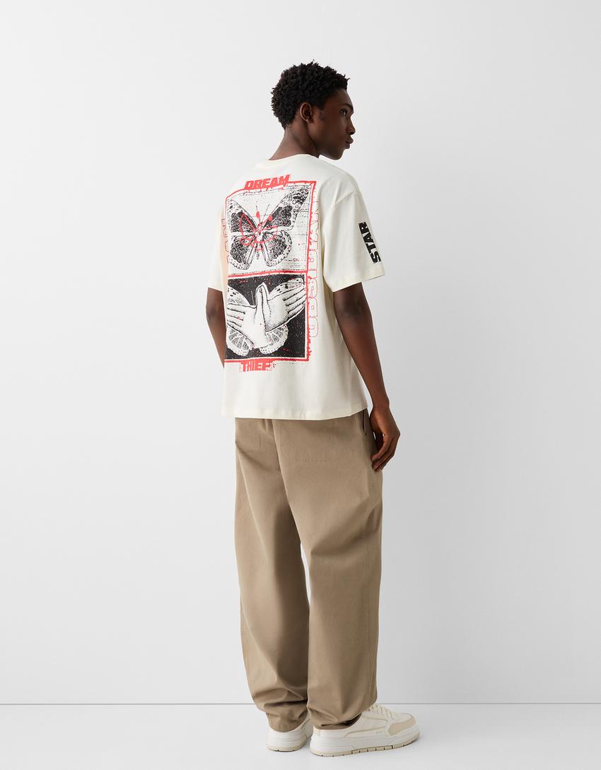 T-shirt boxy manches courtes imprimé-Blanc cassé-1