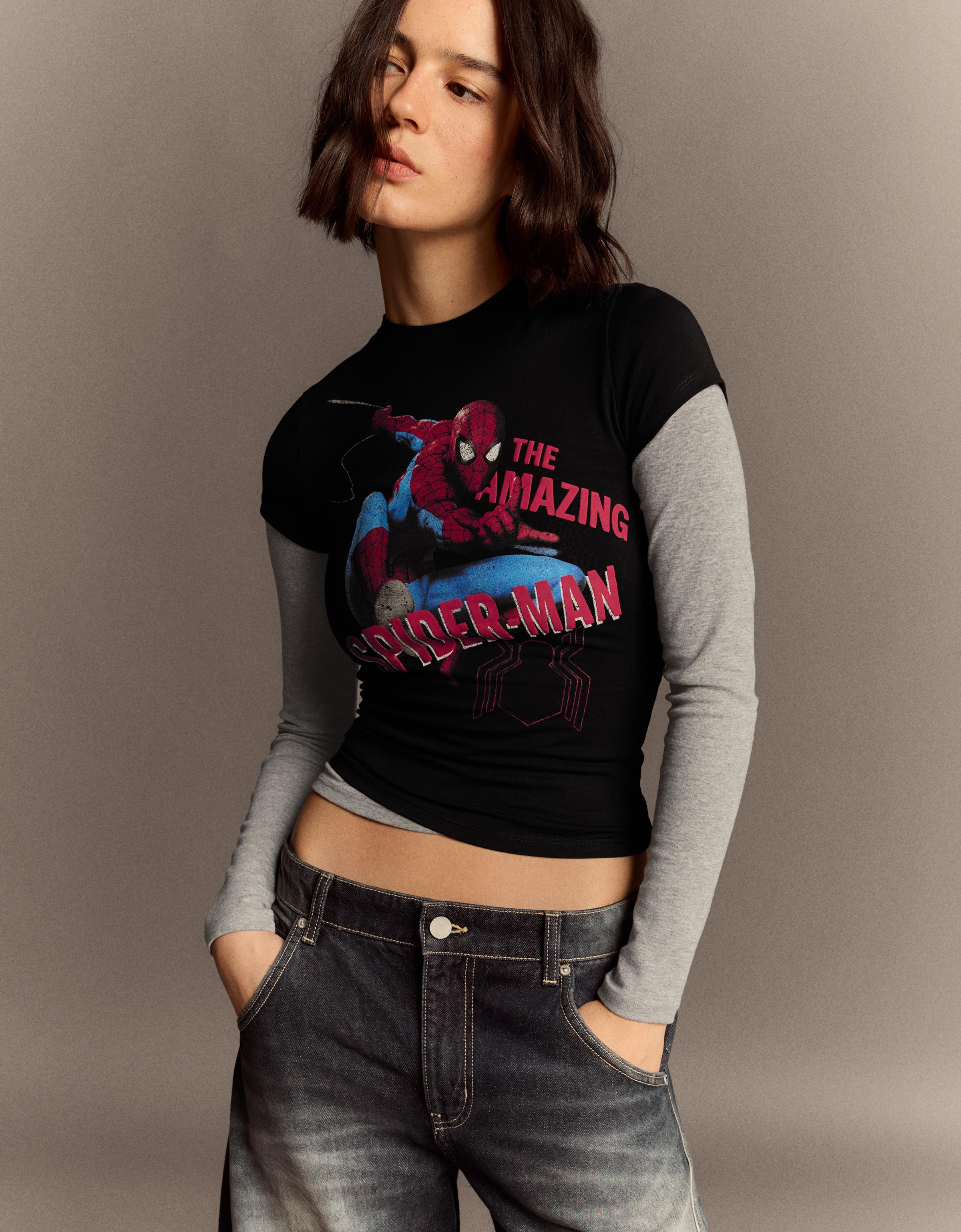 Bershka Koszulka Z Krótkim Rękawem, Nadruk Spider-Man Kobieta Czarny