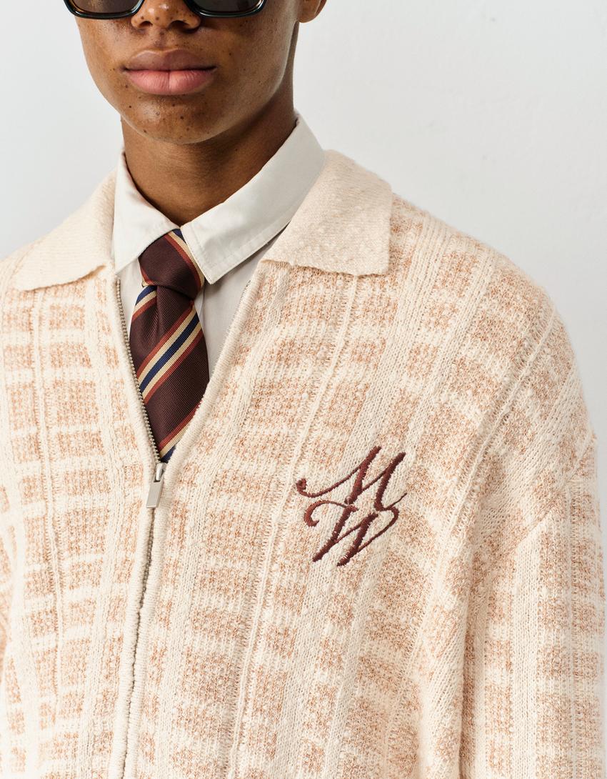 Embroidered textured jacket-Sand