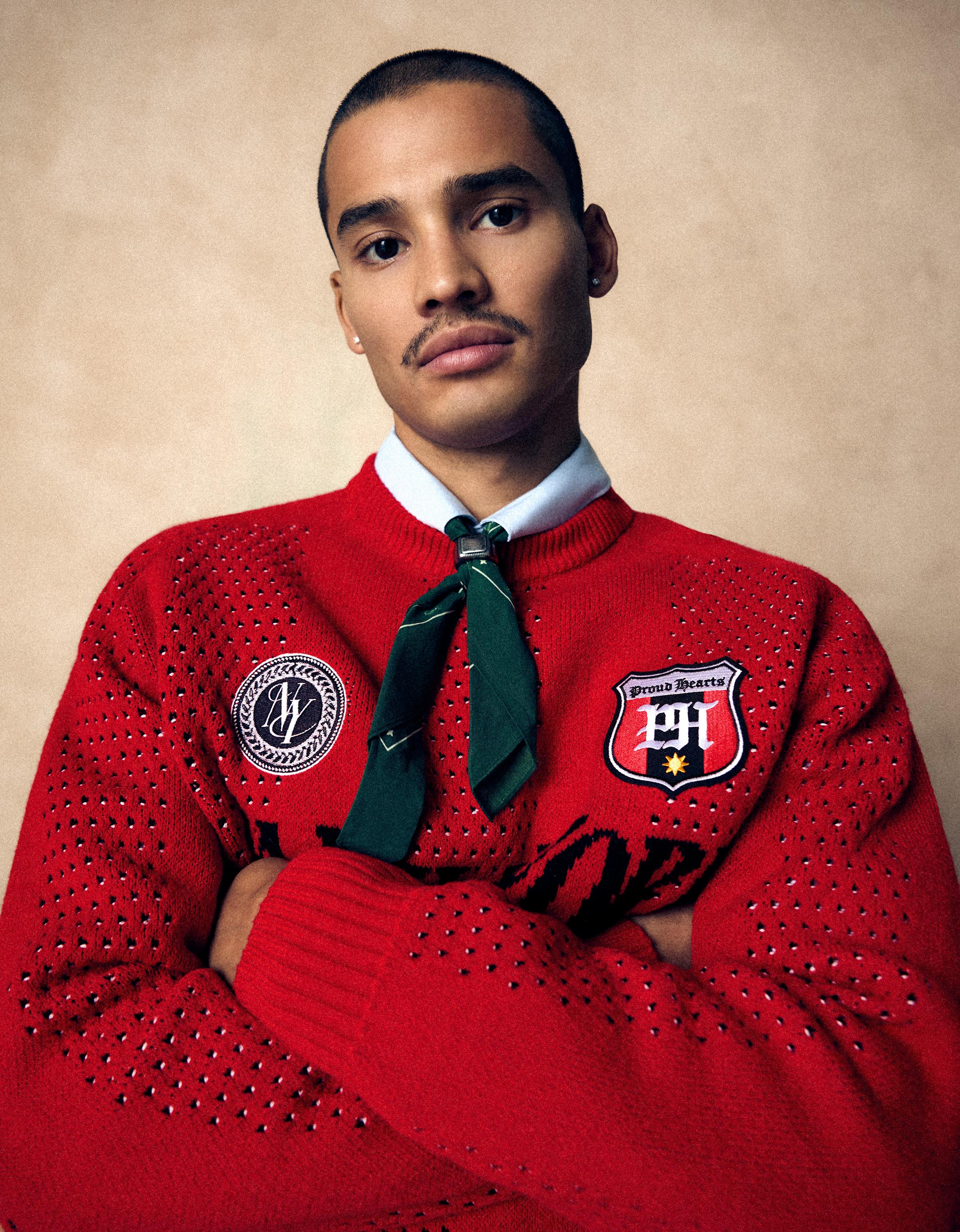 Mesh patch round neck jumper — Red