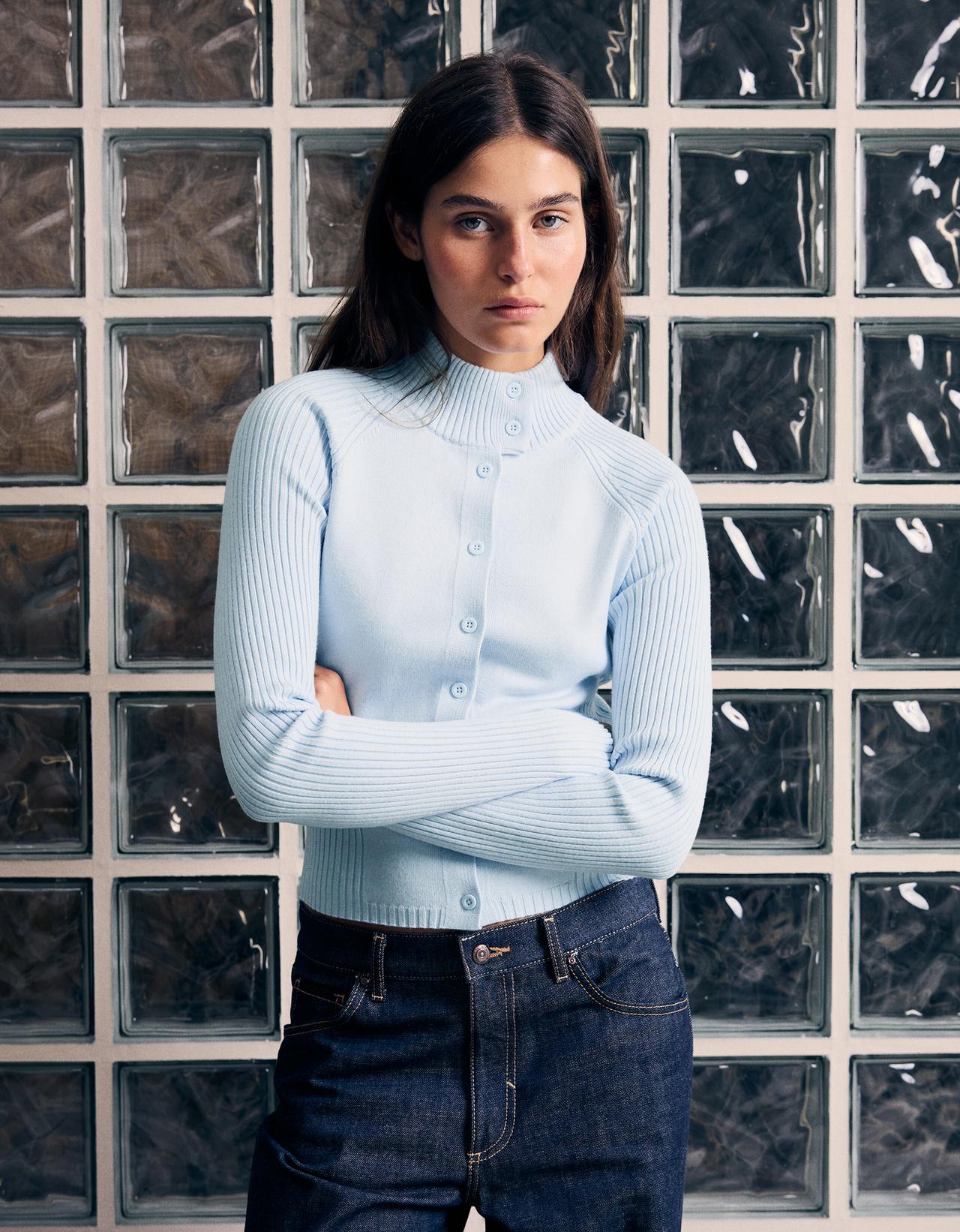 High-neck button cardigan — Light blue