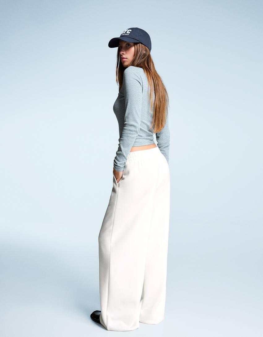 Soft wide leg broek-Ecru