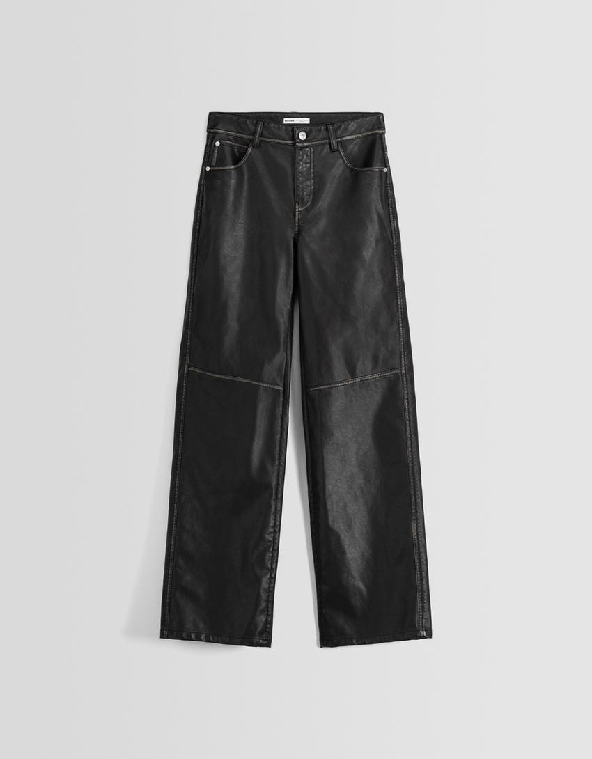 سروال بقصة مستقيمة من جلد صناعي معتق-أسود-4