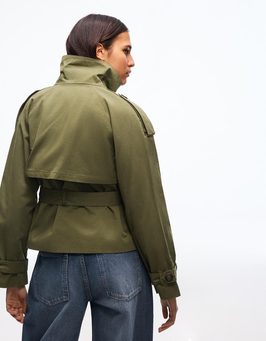 Funnel neck trench jacket-Khaki