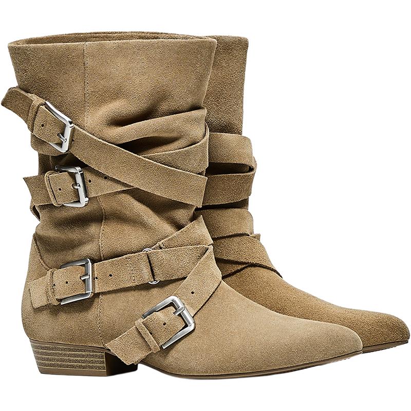 FLAT LEATHER BOOTS WITH BUCKLES — SAND