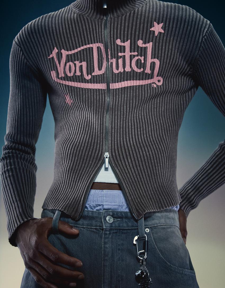 Τζάκετ Von Dutch με φερμουάρ και τύπωμα-Καφέ-1