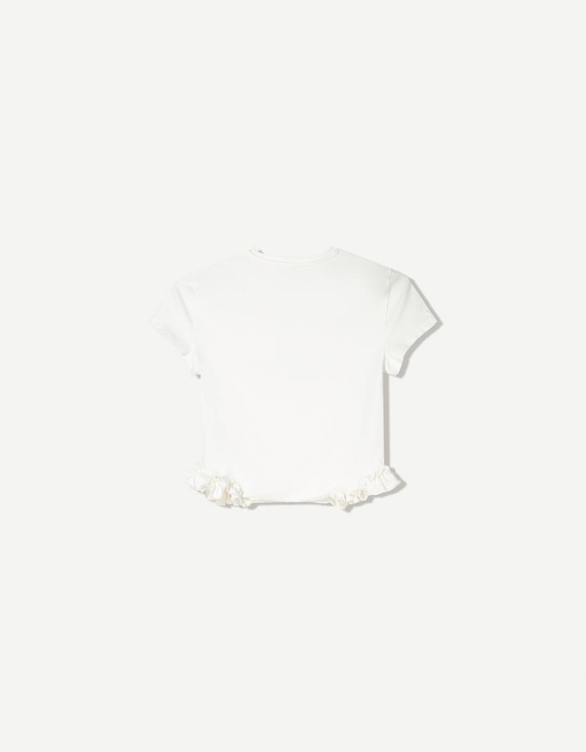T-Shirt mit kurzen Ärmeln, Volants und Print-Grbrochenes Weiss-4