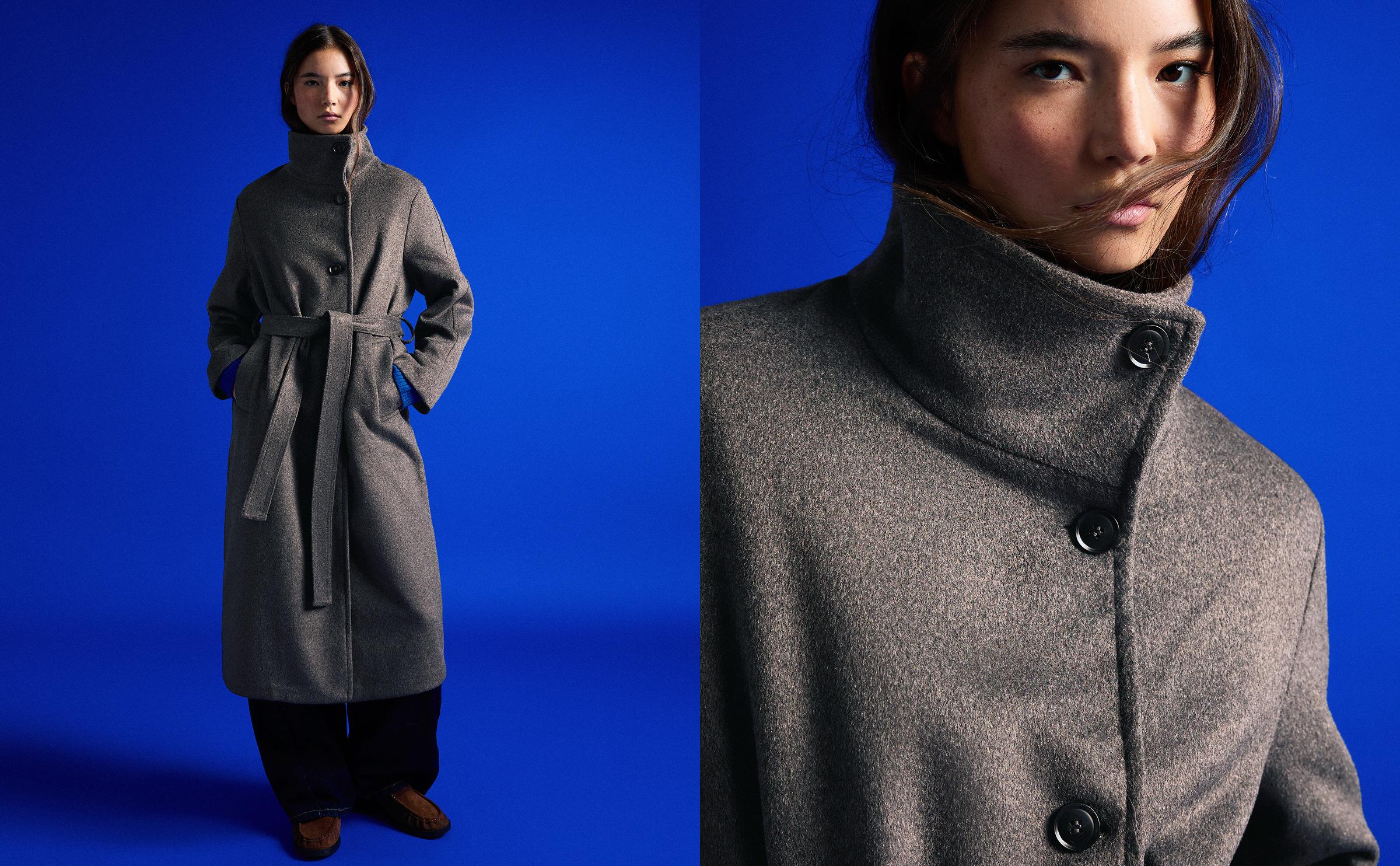 Long funnel neck coat with belt — Dark grey