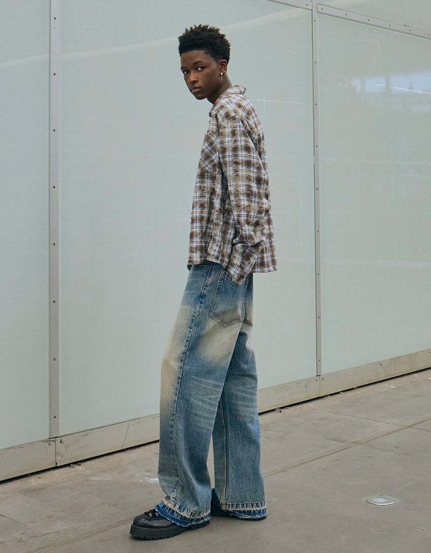 Flared baggy jeans-Gewassen blauw-1