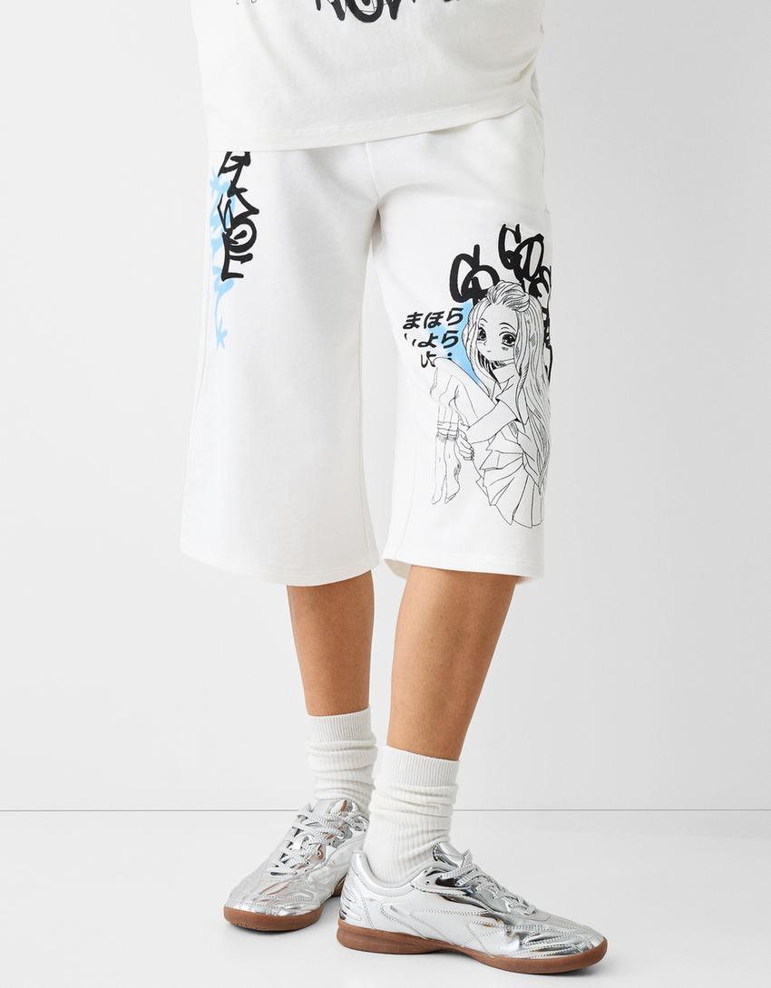 برمودا رياضي قطيفة بطبعة-أبيض مطفي-1