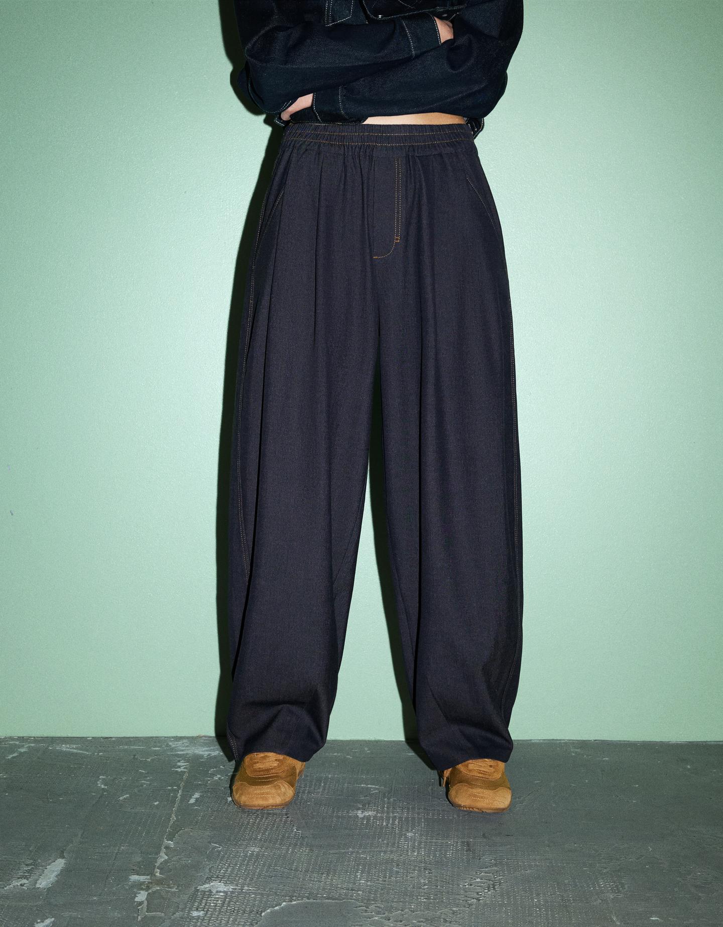 Bershka Pantalón Jogger Baggy Volumen Mujer Xl Azul Oscuro